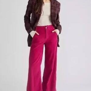 Free People The Harlow Mid Rise Wide Leg Hot Pink Wide Wale Corduroy Pants NWT